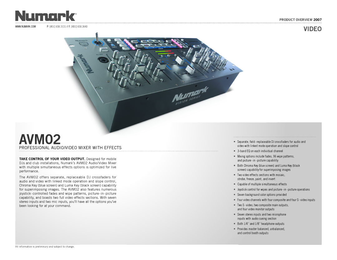 Numark Industries AVM02 manual Professional Audio/Video Mixer with Effects, Band EQ on each individual channel 