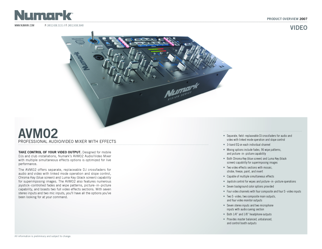 Numark Industries AVM02 manual Professional Audio/Video Mixer with Effects, Product Overview 