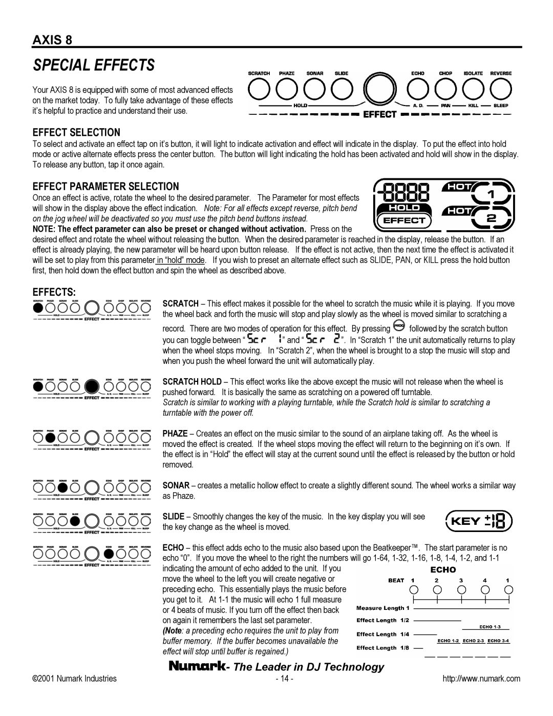 Numark Industries AXIS 8 Premium owner manual Special Effects, Effect Selection, Effect Parameter Selection 