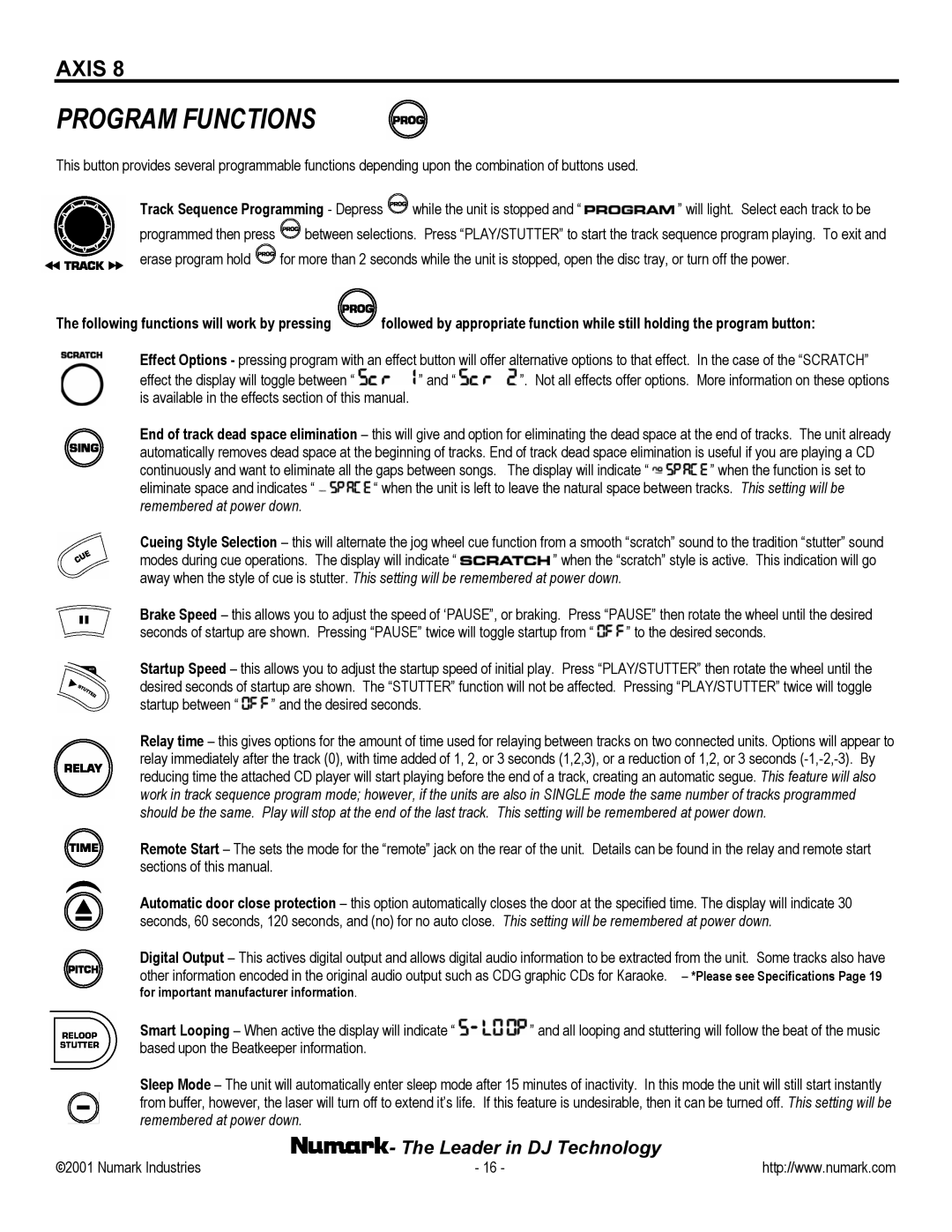 Numark Industries AXIS 8 Premium owner manual Program Functions 