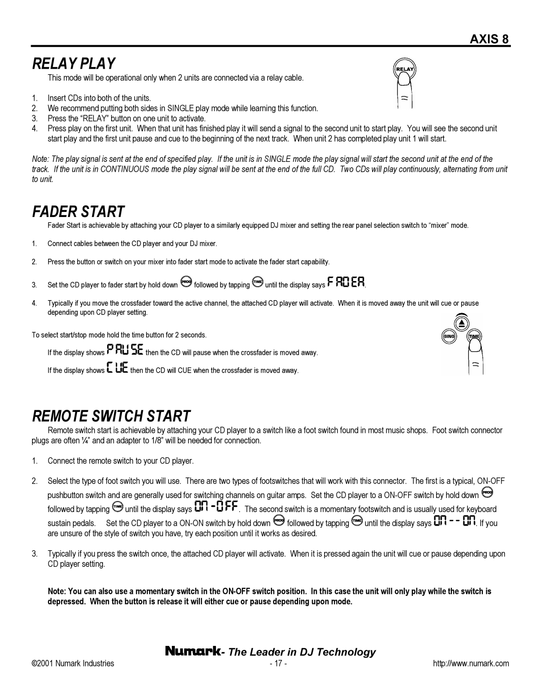 Numark Industries AXIS 8 Premium owner manual Relay Play, Fader Start, Remote Switch Start 