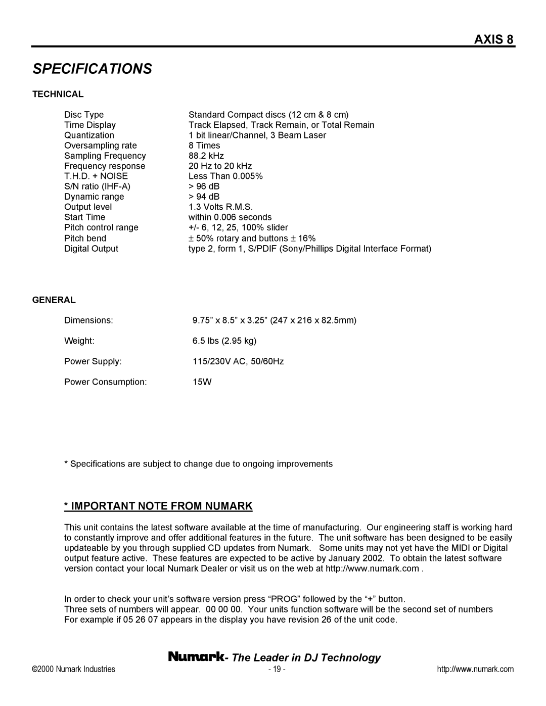 Numark Industries AXIS 8 Premium owner manual Specifications, Important Note from Numark 