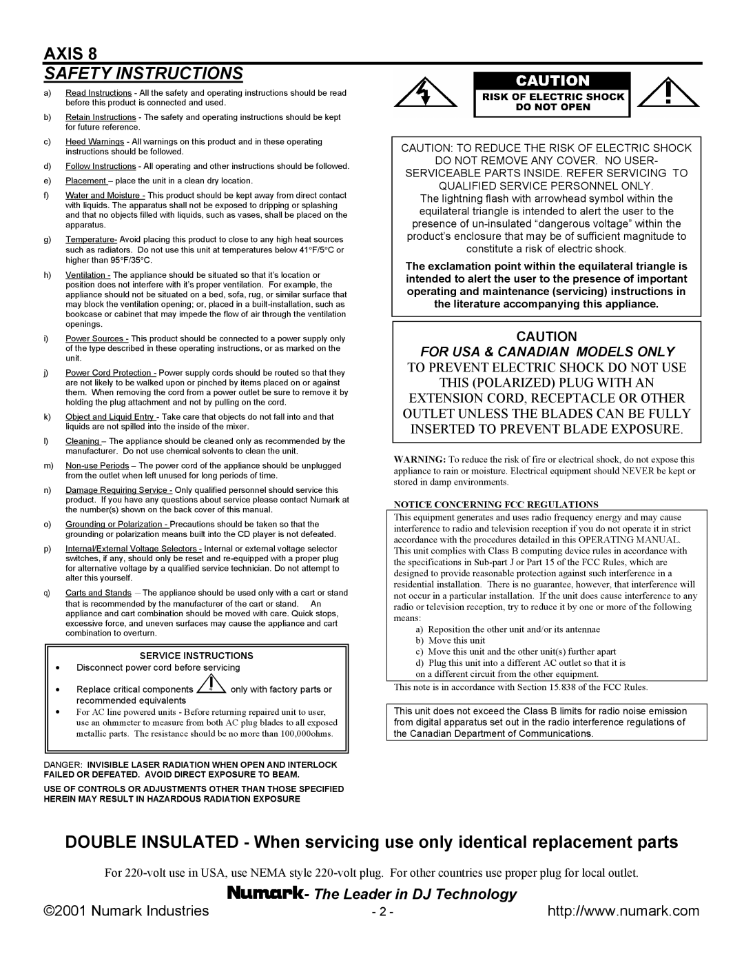 Numark Industries AXIS 8 Premium owner manual Safety Instructions 