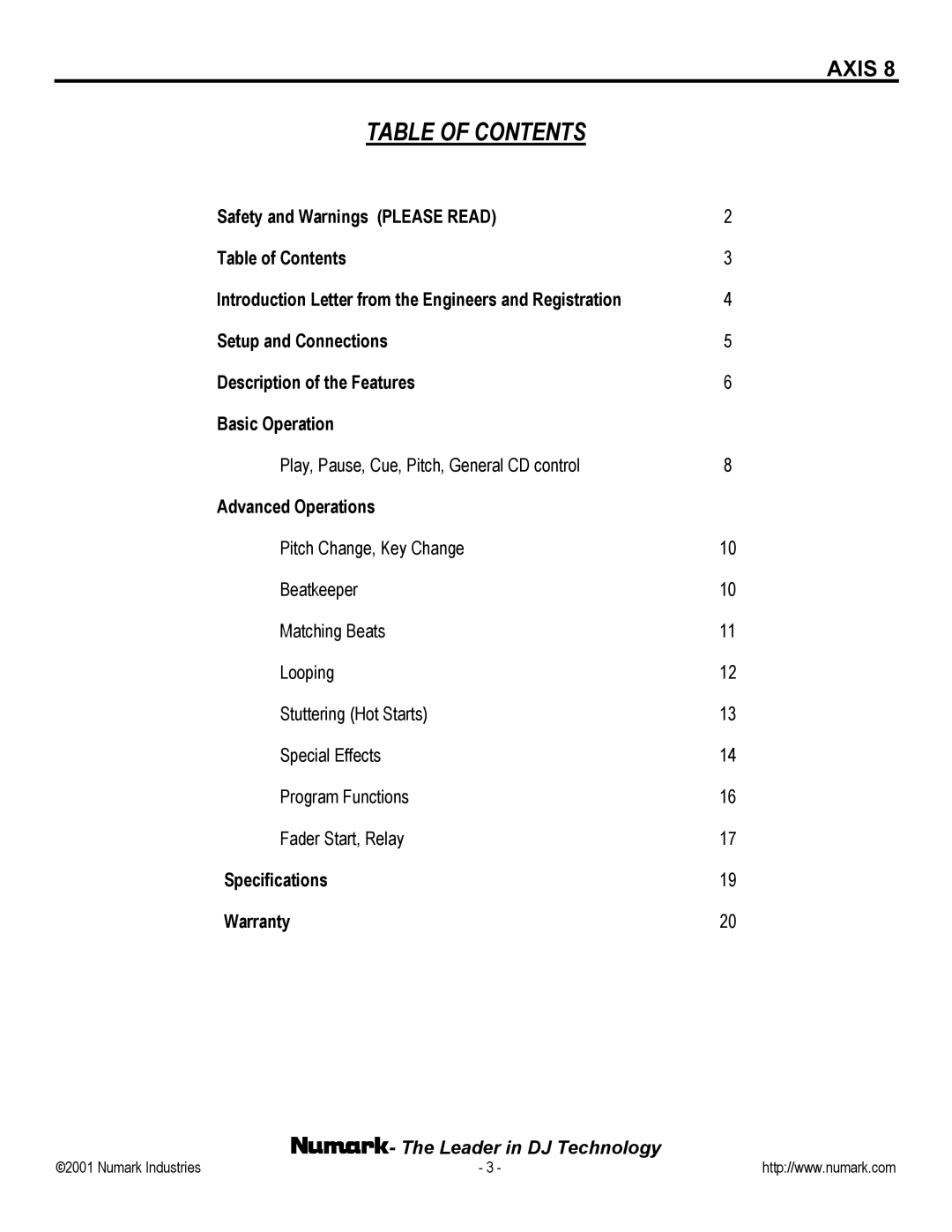 Numark Industries AXIS 8 Premium owner manual Table of Contents 