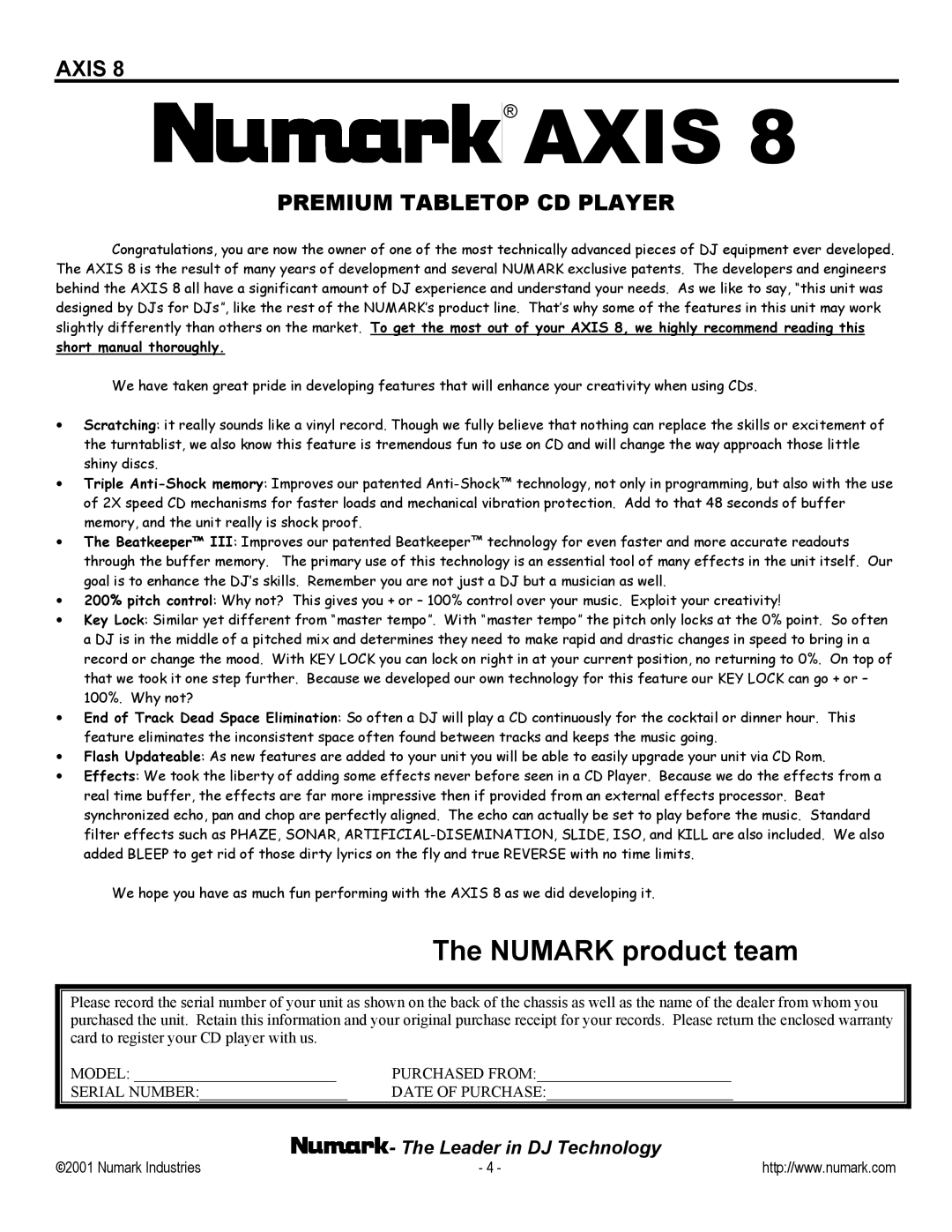 Numark Industries AXIS 8 Premium owner manual Axis 