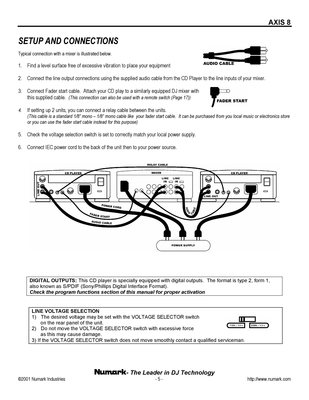 Numark Industries AXIS 8 Premium owner manual Setup and Connections, Line Voltage Selection 