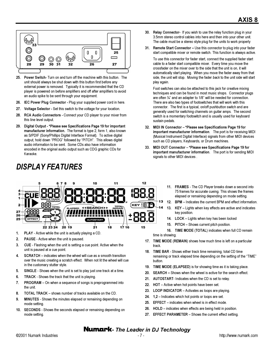 Numark Industries AXIS 8 Premium owner manual Display Features 