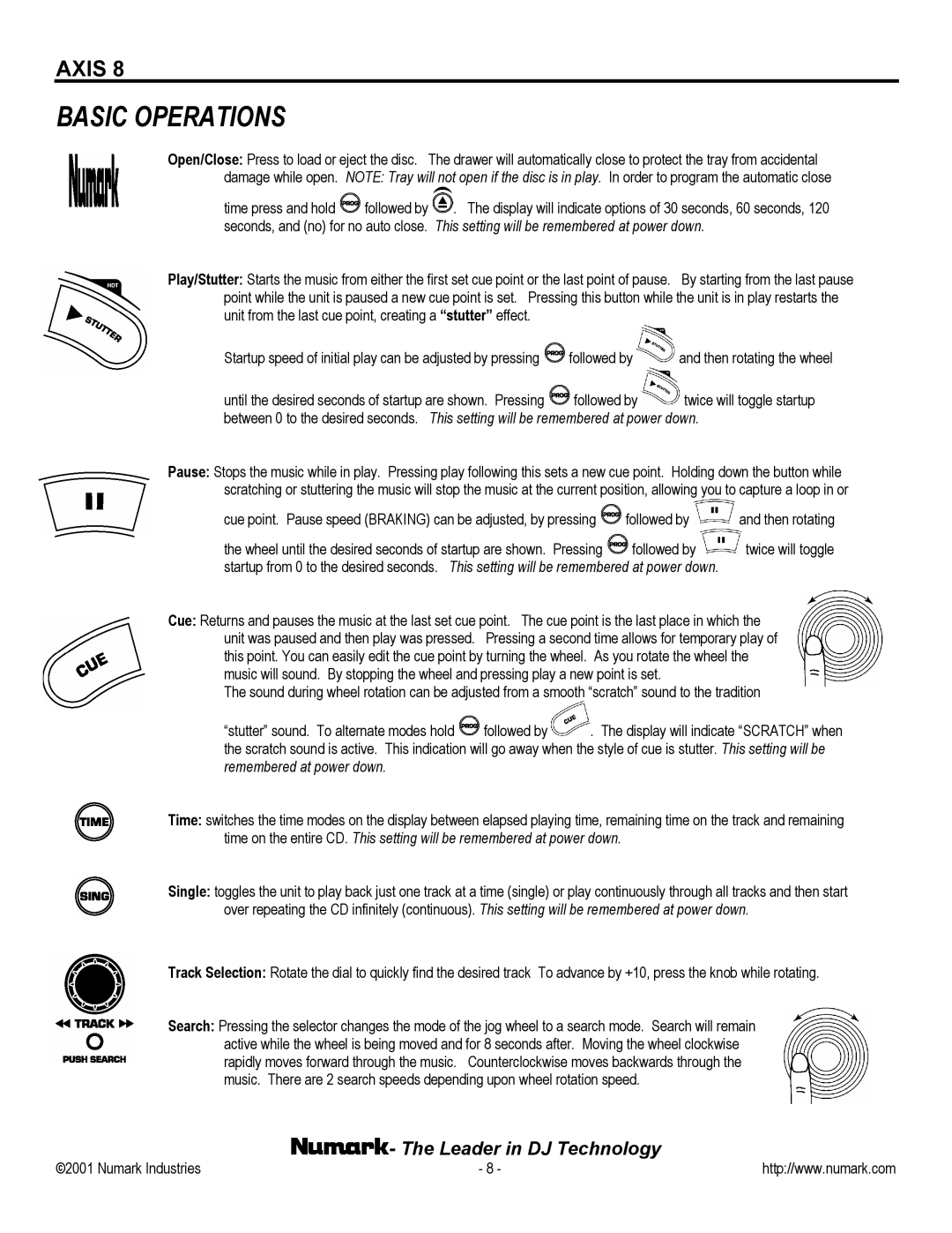 Numark Industries AXIS 8 Premium owner manual Basic Operations 