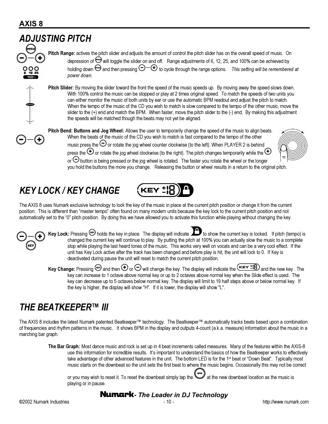 Numark Industries AXIS 8 owner manual Adjusting Pitch, KEY Lock / KEY Change, Beatkeeper 