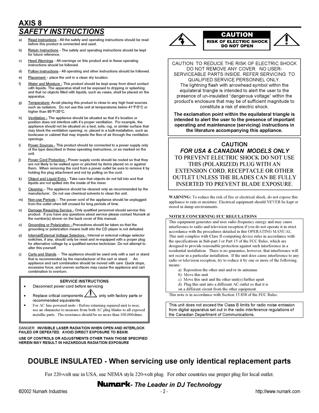 Numark Industries AXIS 8 owner manual Safety Instructions 