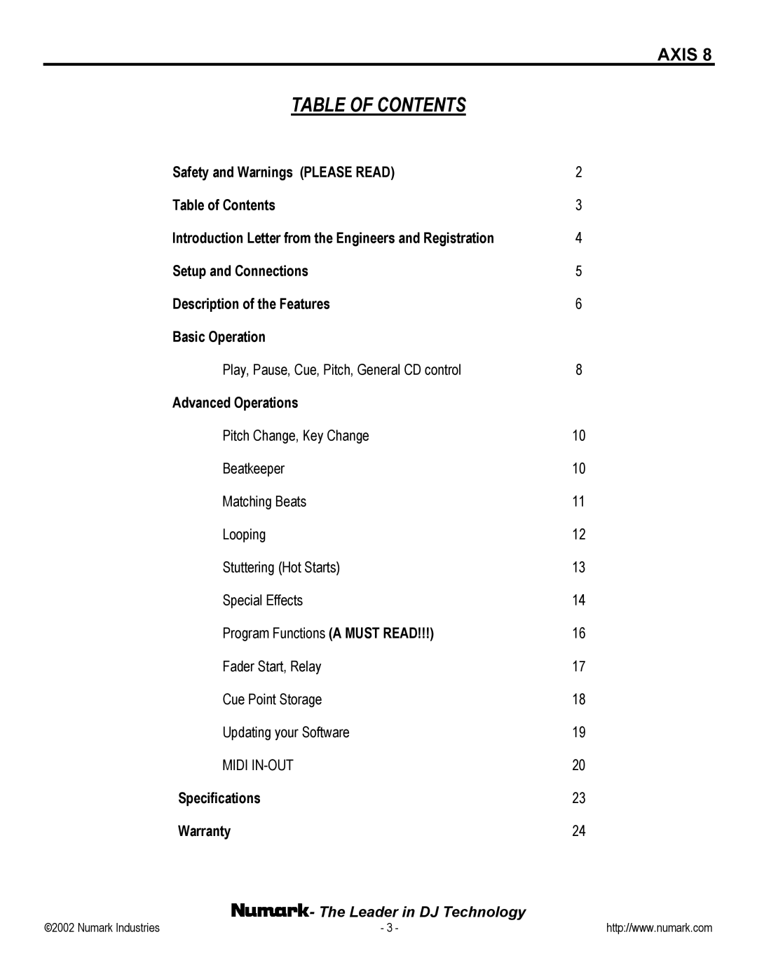 Numark Industries AXIS 8 owner manual Table of Contents 