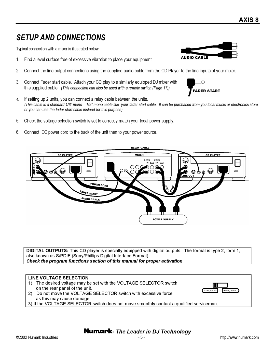 Numark Industries AXIS 8 owner manual Setup and Connections, Line Voltage Selection 