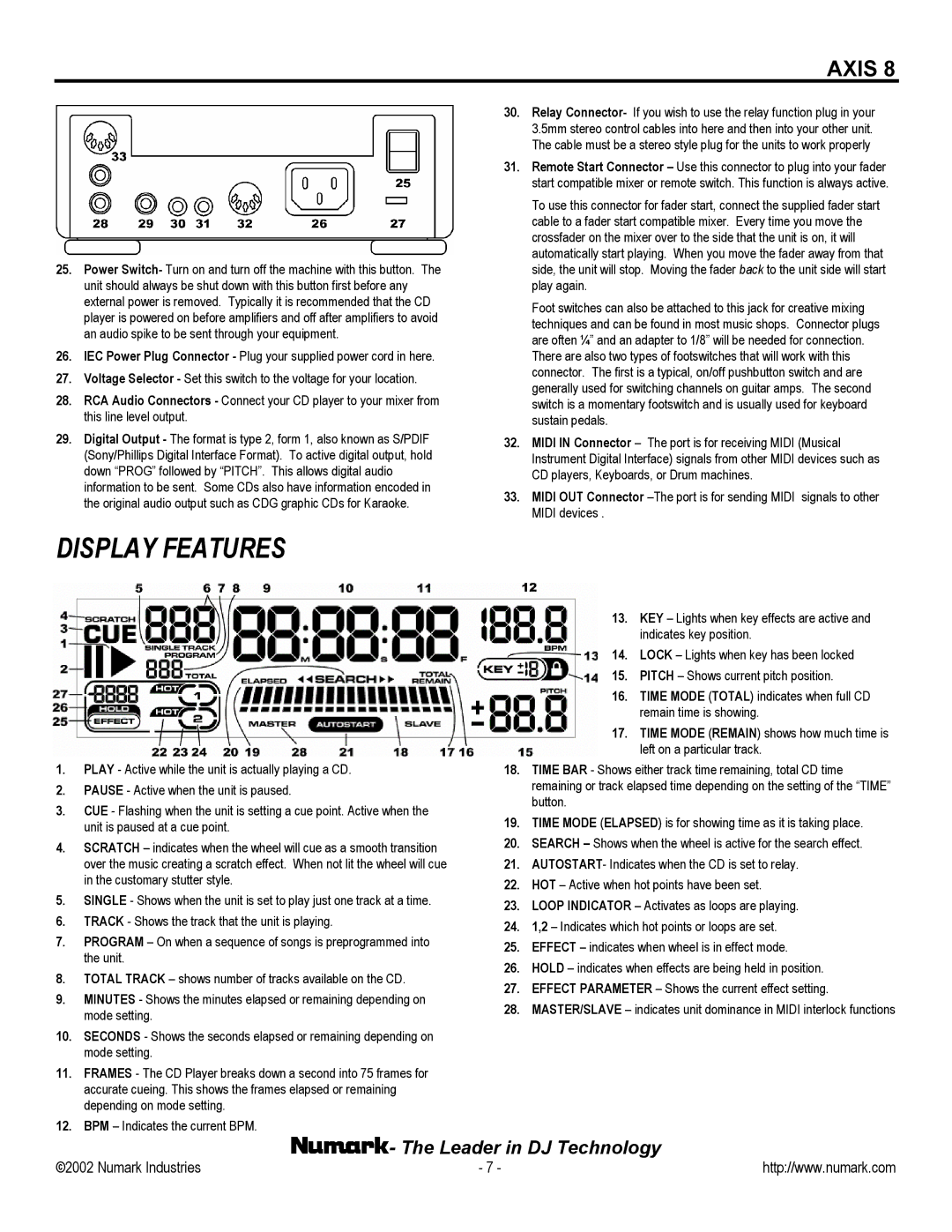 Numark Industries AXIS 8 owner manual Display Features 