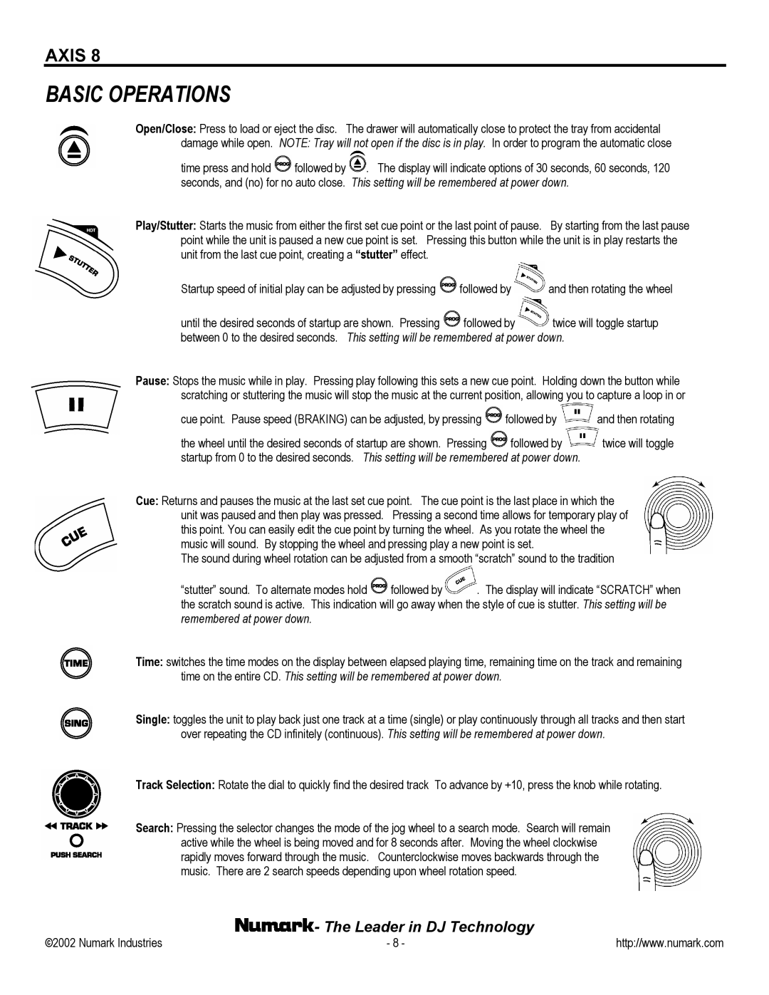 Numark Industries AXIS 8 owner manual Basic Operations 