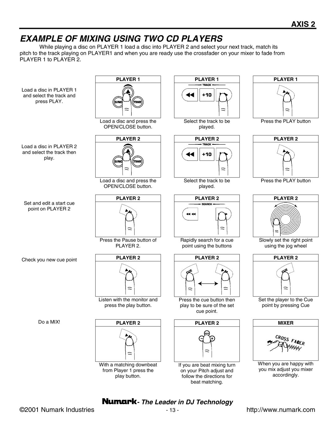 Numark Industries AXIS 9 manual Example of Mixing Using TWO CD Players 