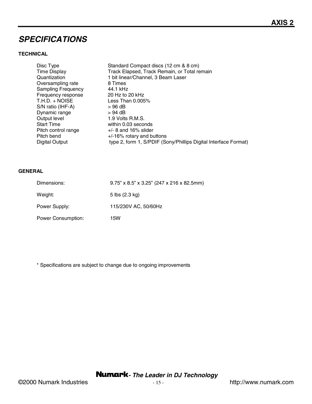 Numark Industries AXIS 9 manual Specifications, Technical 