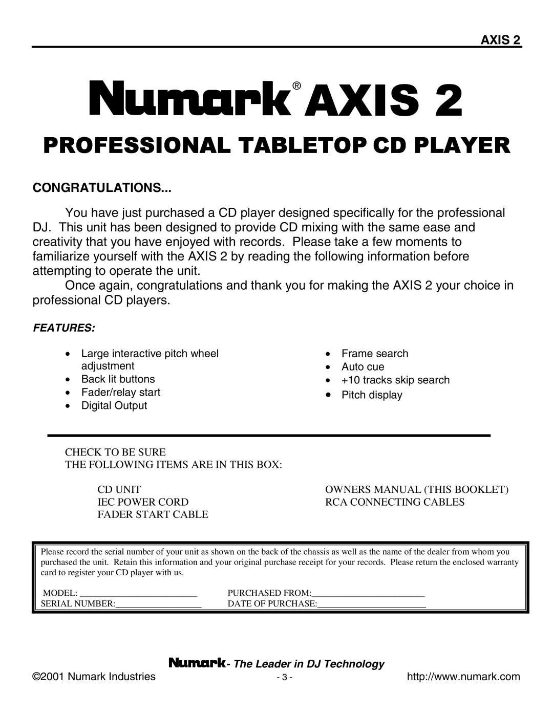 Numark Industries AXIS 9 manual Axis 