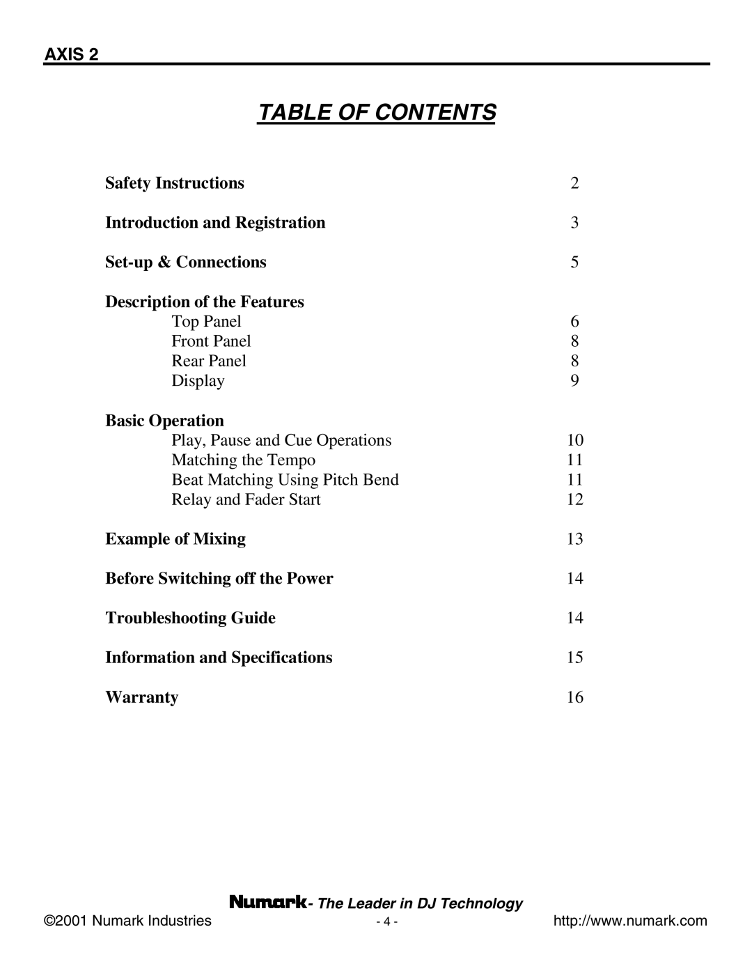 Numark Industries AXIS 9 manual Table of Contents 