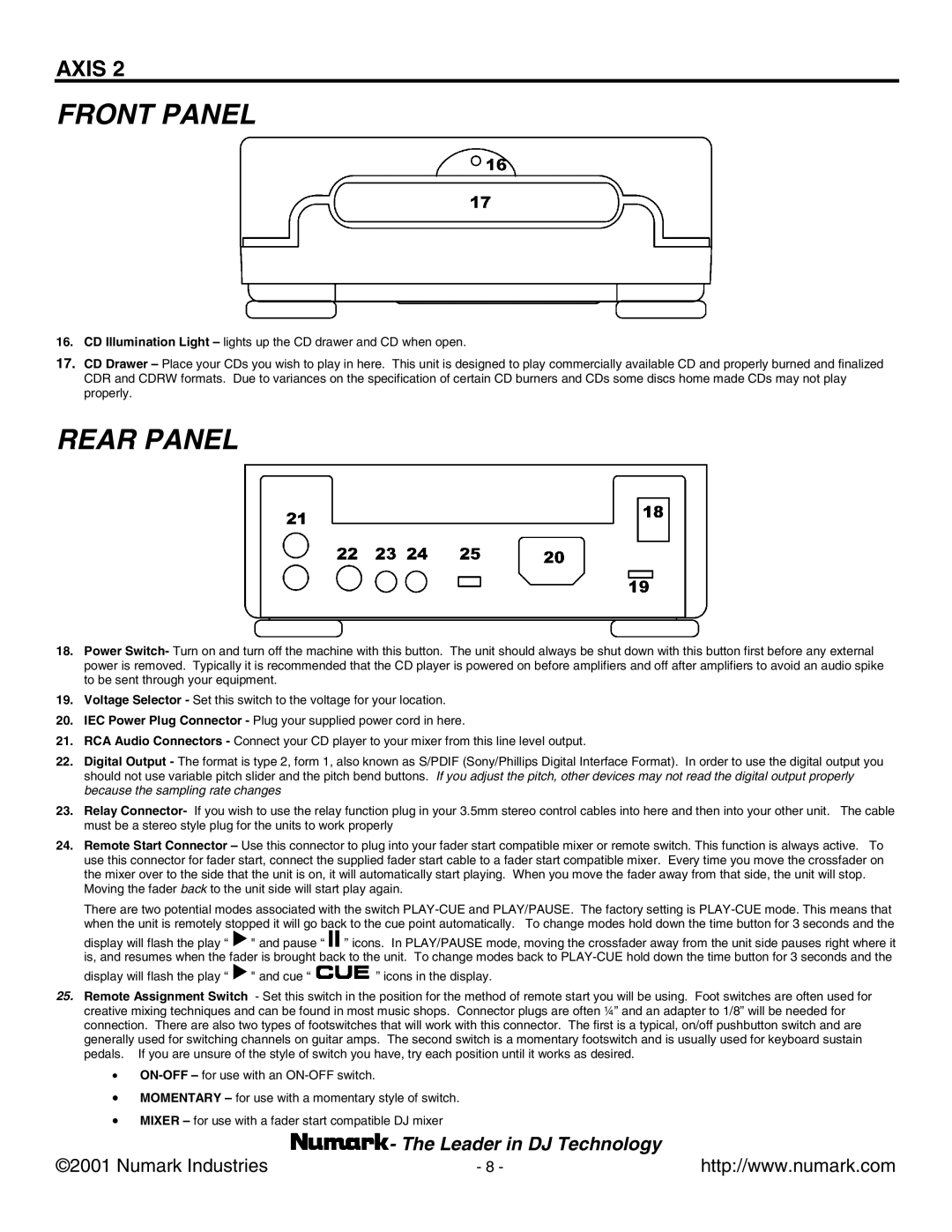 Numark Industries AXIS 9 manual Front Panel 