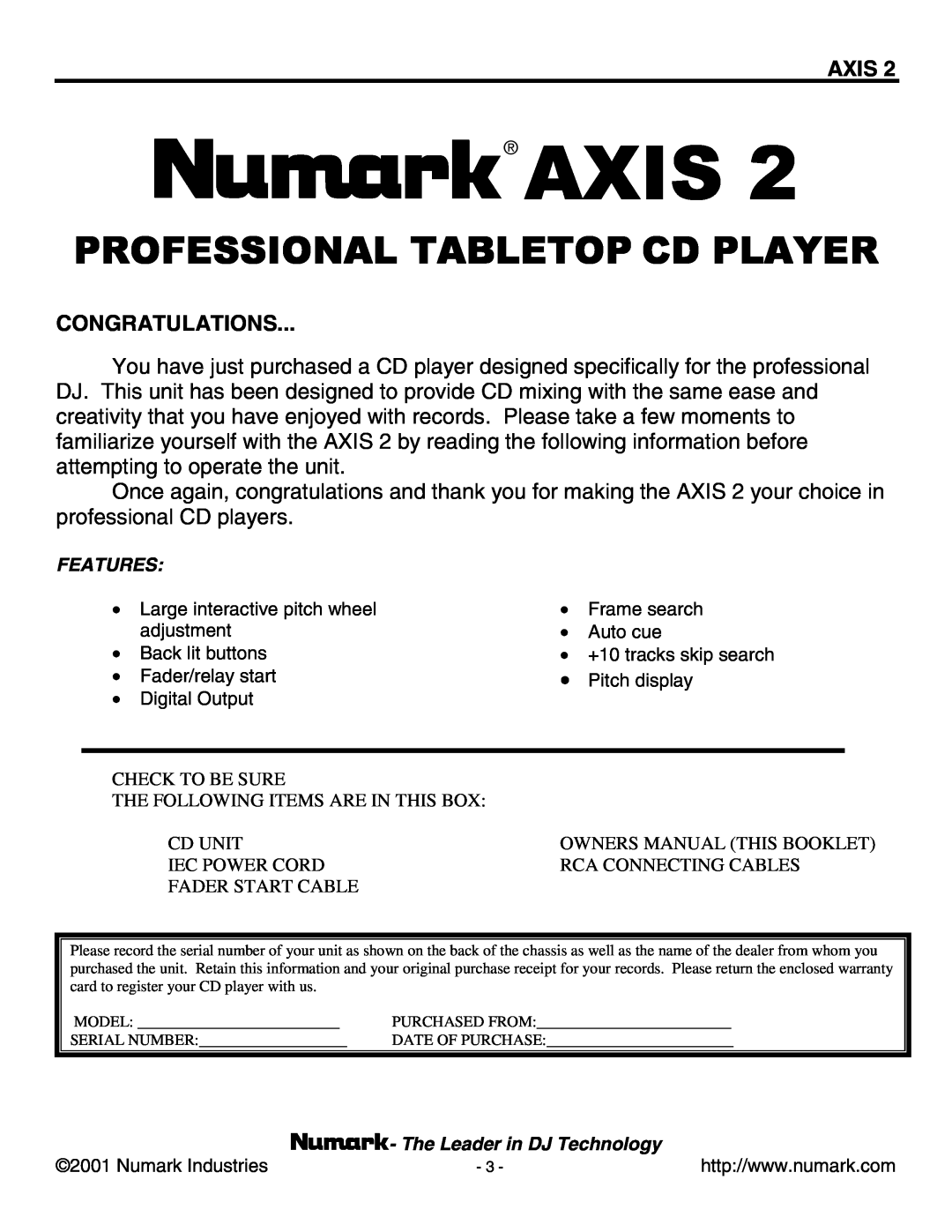 Numark Industries AXIS 9 manual Congratulations, Axis, Professional Tabletop Cd Player 