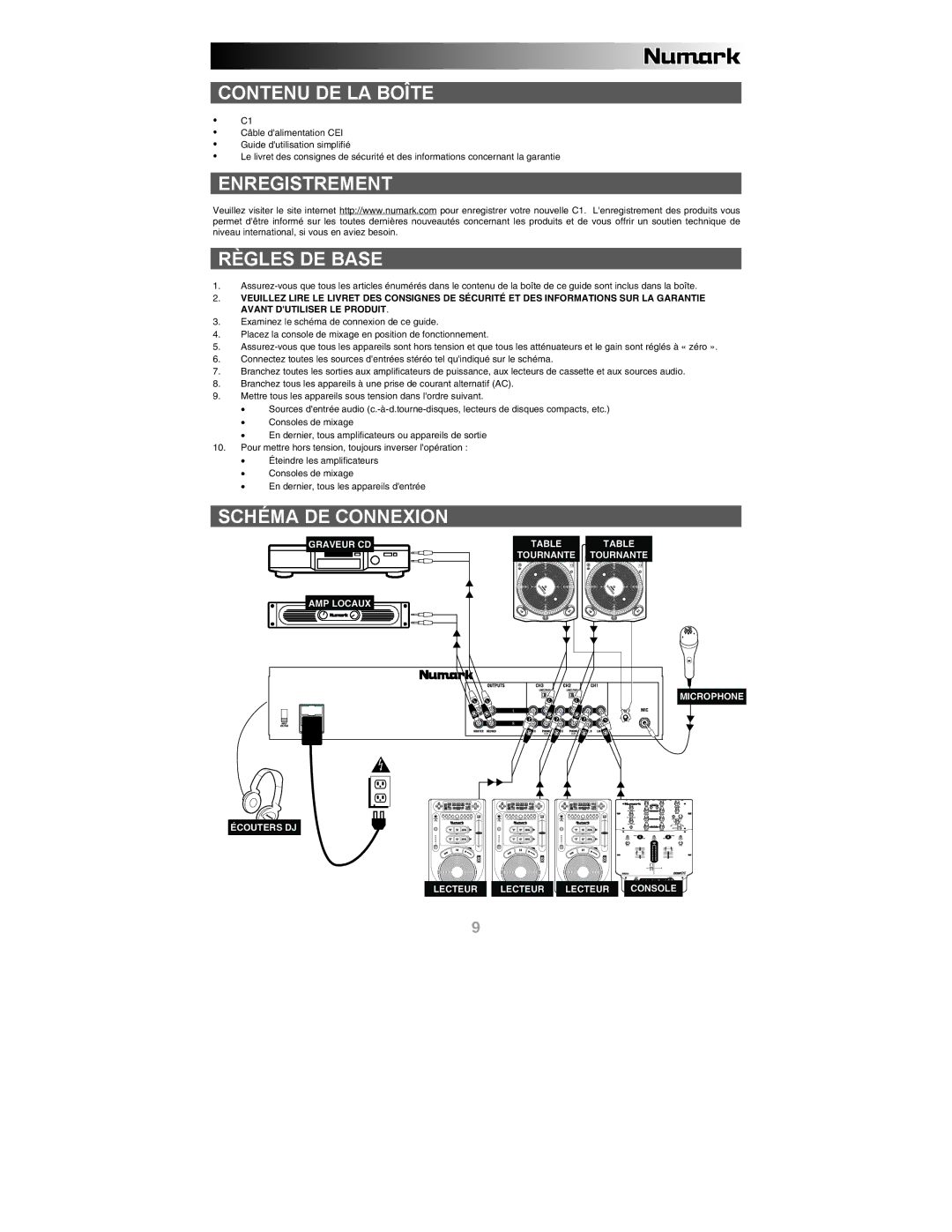 Numark Industries C1 quick start Contenu DE LA Boîte, Enregistrement Règles DE Base, Schéma DE Connexion 