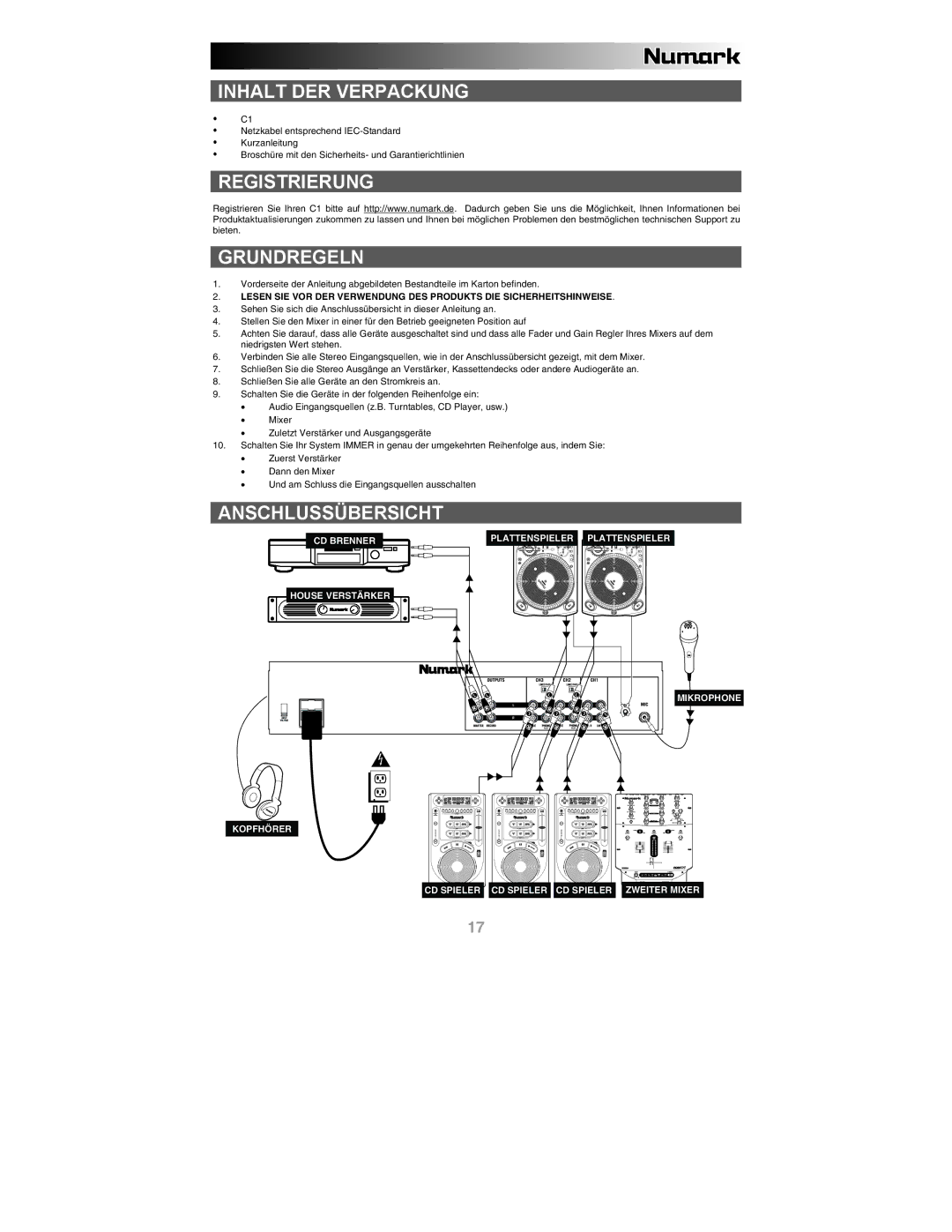 Numark Industries C1 quick start Inhalt DER Verpackung, Registrierung Grundregeln, Anschlussübersicht 