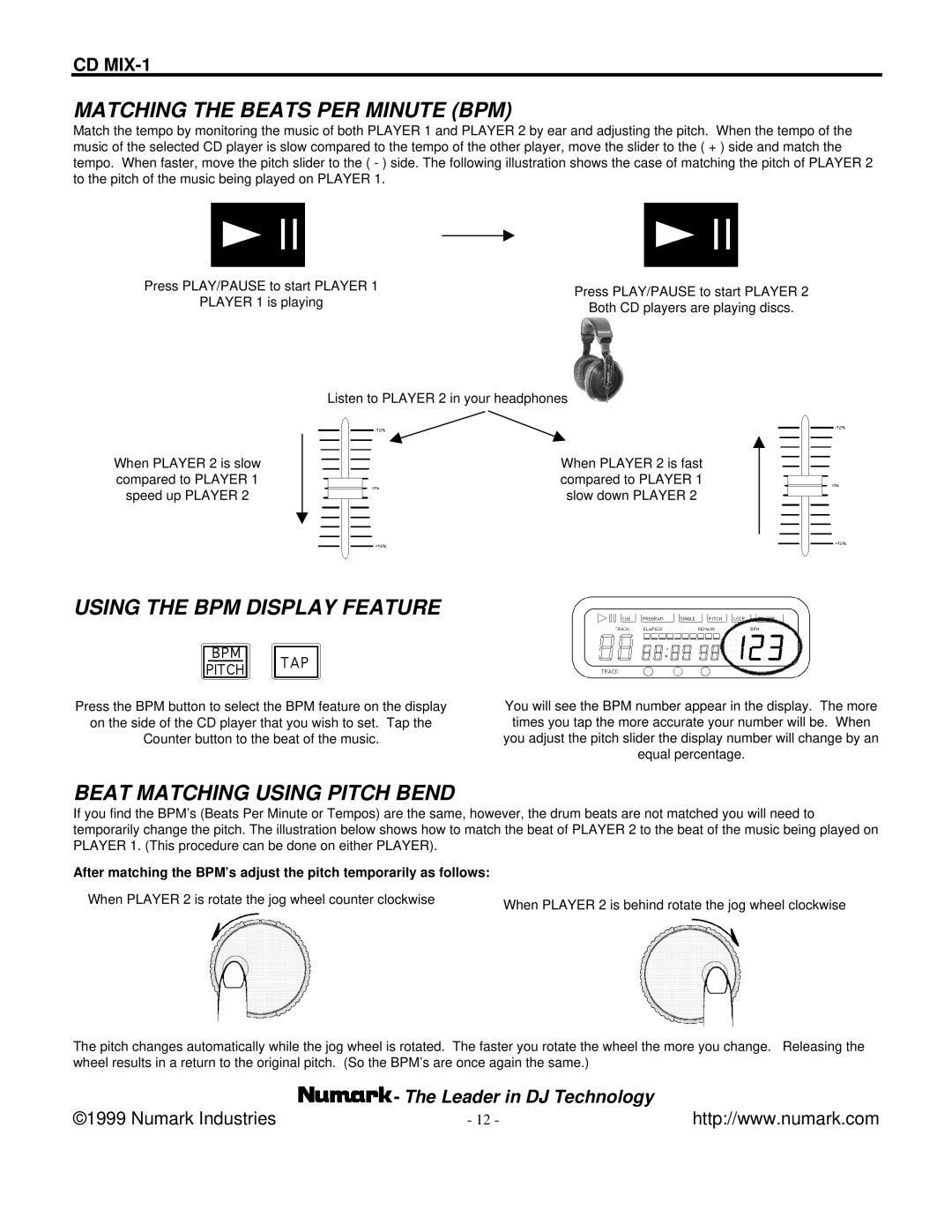 Numark Industries CD MIX-1 manual Matching the Beats PER Minute BPM 