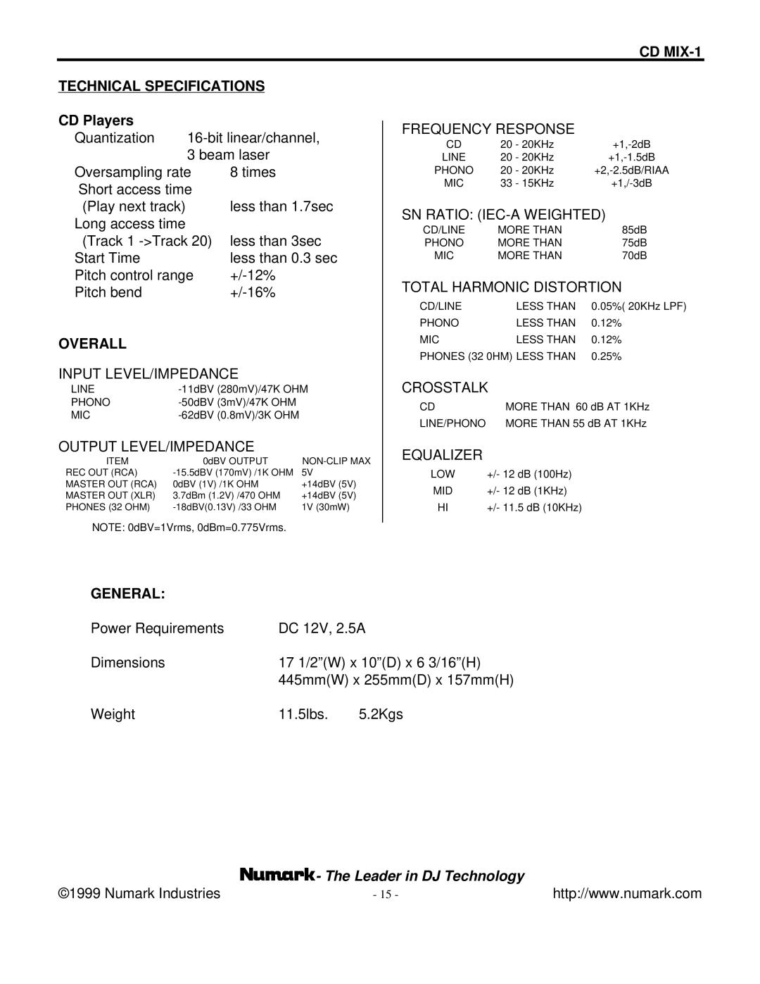 Numark Industries manual CD MIX-1 Technical Specifications, Overall, General 