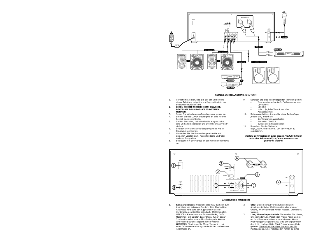 Numark Industries quick start CDMIX3 Schnellaufbau Deutsch, Anschlüsse Rückseite 