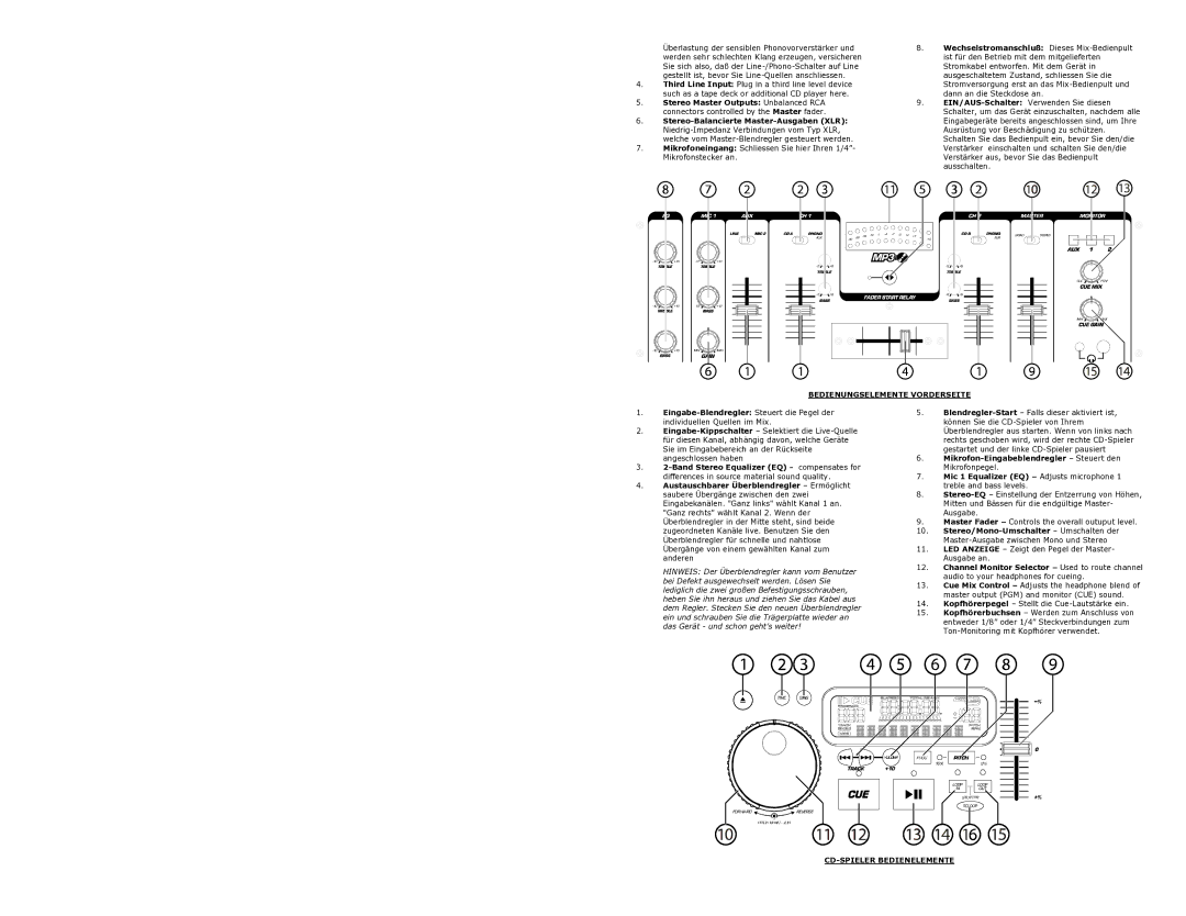 Numark Industries CDMIX3 quick start Wechselstromanschluß Dieses Mix-Bedienpult, Stereo-Balancierte Master-Ausgaben XLR 