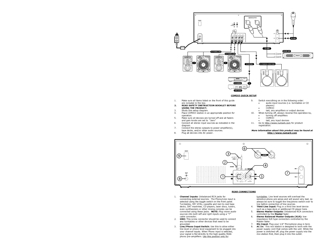 Numark Industries CDMIX3 Quick Setup, Read Safety Instruction Booklet Before Using the Product, Rear Connections 