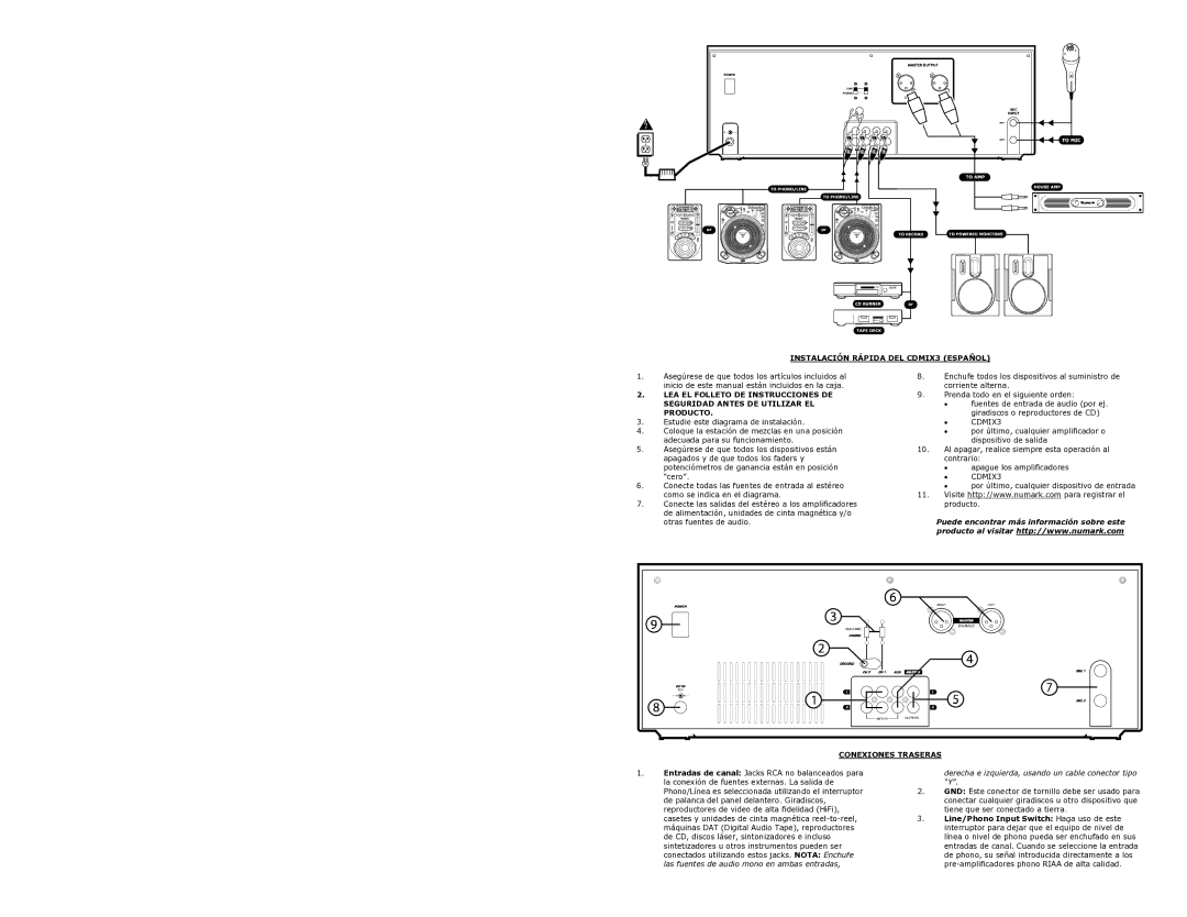 Numark Industries quick start Instalación Rápida DEL CDMIX3 Español, Conexiones Traseras 