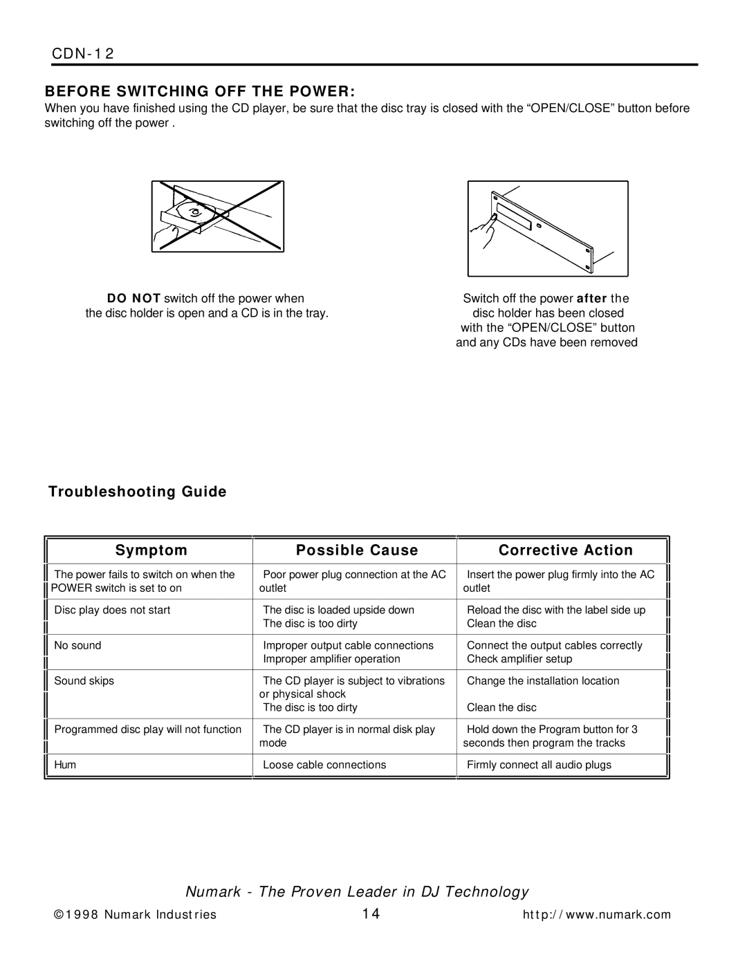 Numark Industries CDN-12 manual Before Switching OFF the Power 