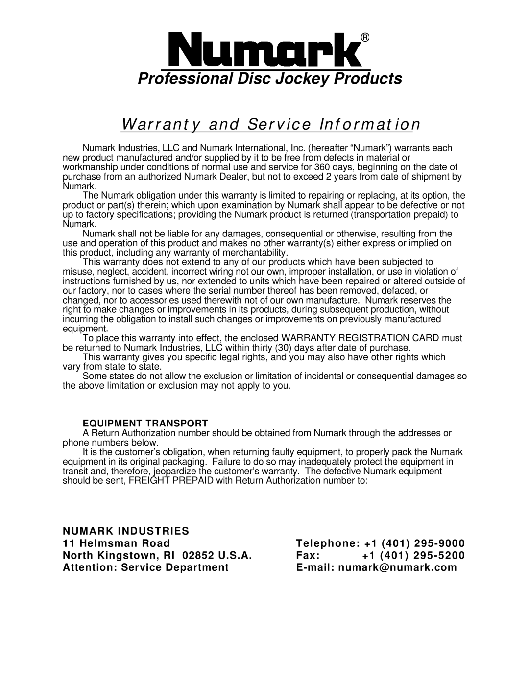 Numark Industries CDN-12 manual Equipment Transport 