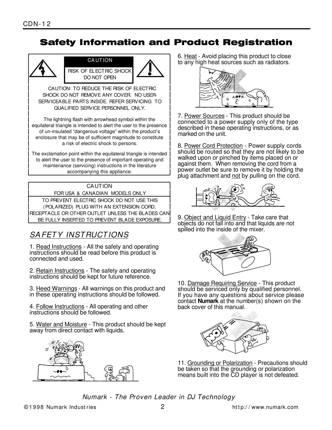 Numark Industries CDN-12 manual Safety Instructions 