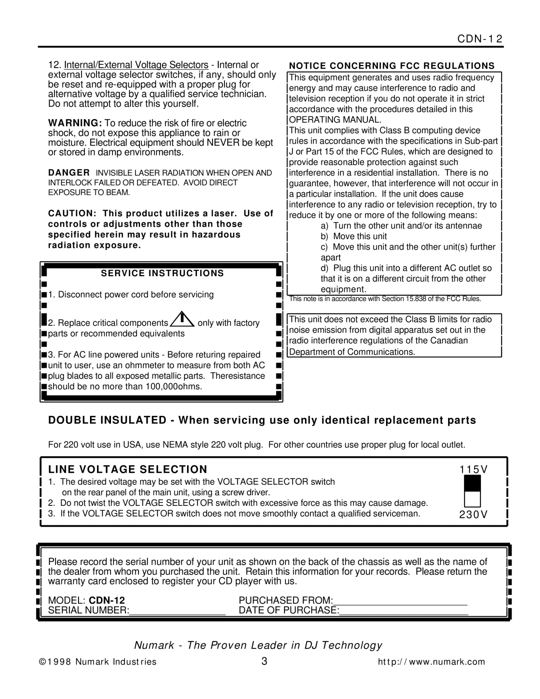 Numark Industries CDN-12 manual Line Voltage Selection, Do not attempt to alter this yourself 