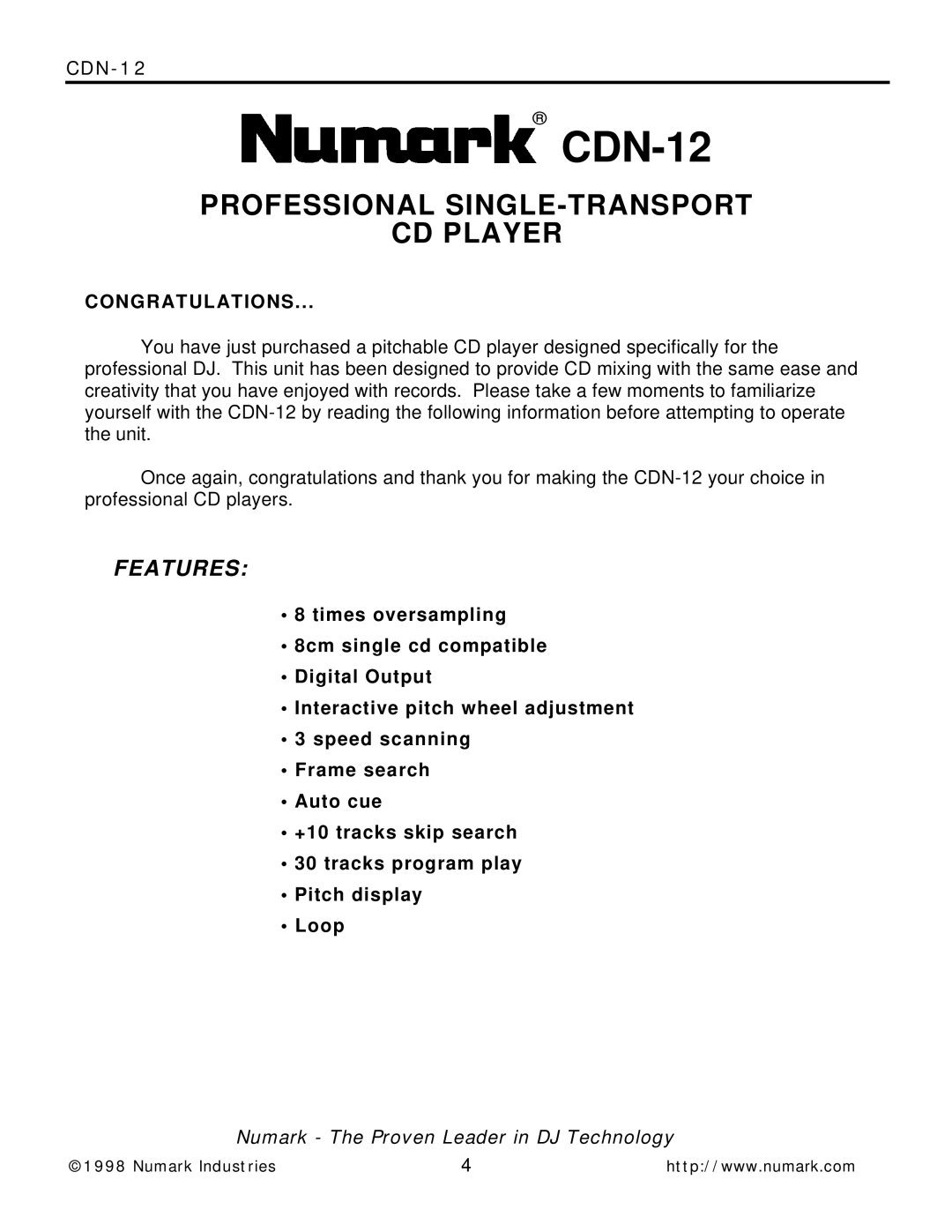 Numark Industries CDN-12 manual Congratulations 