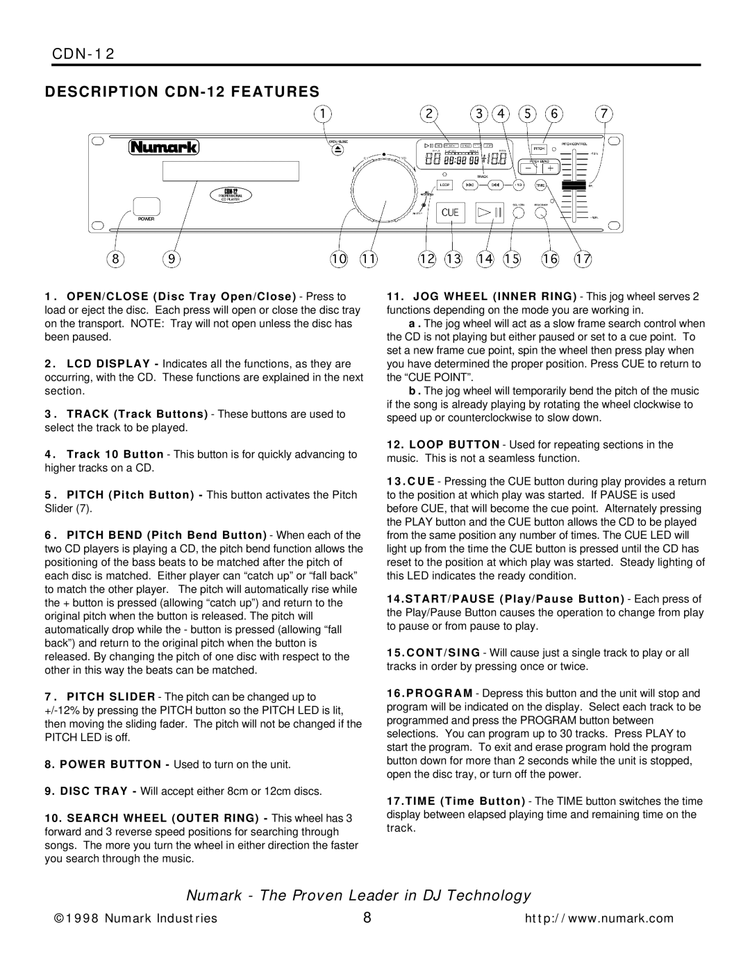 Numark Industries CDN-12 manual Description CDN 12 Features 