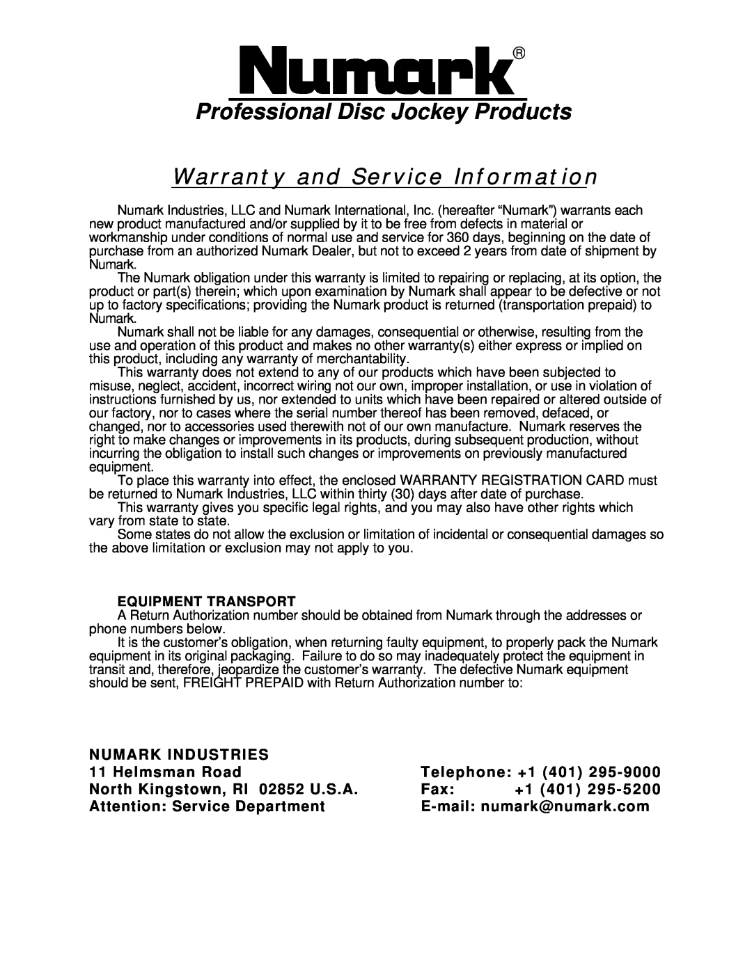 Numark Industries CDN-12 manual Helmsman Road, Telephone +1, North Kingstown, RI 02852 U.S.A, Attention Service Department 