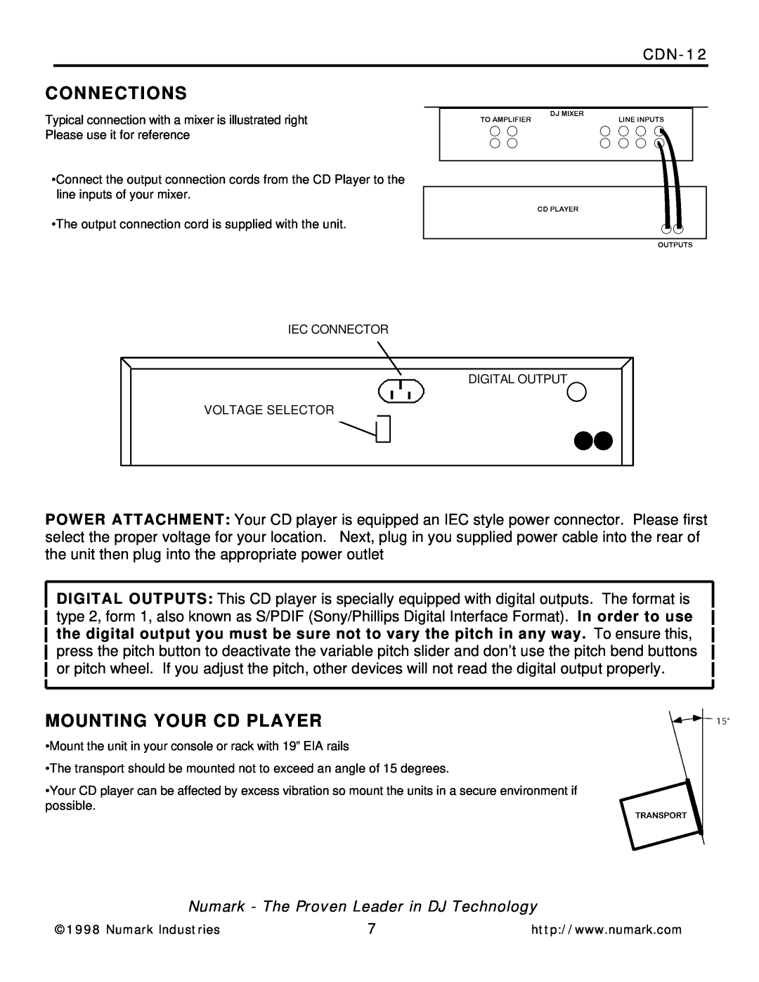 Numark Industries CDN-12 manual Connections, Mounting Your Cd Player, Numark - The Proven Leader in DJ Technology 