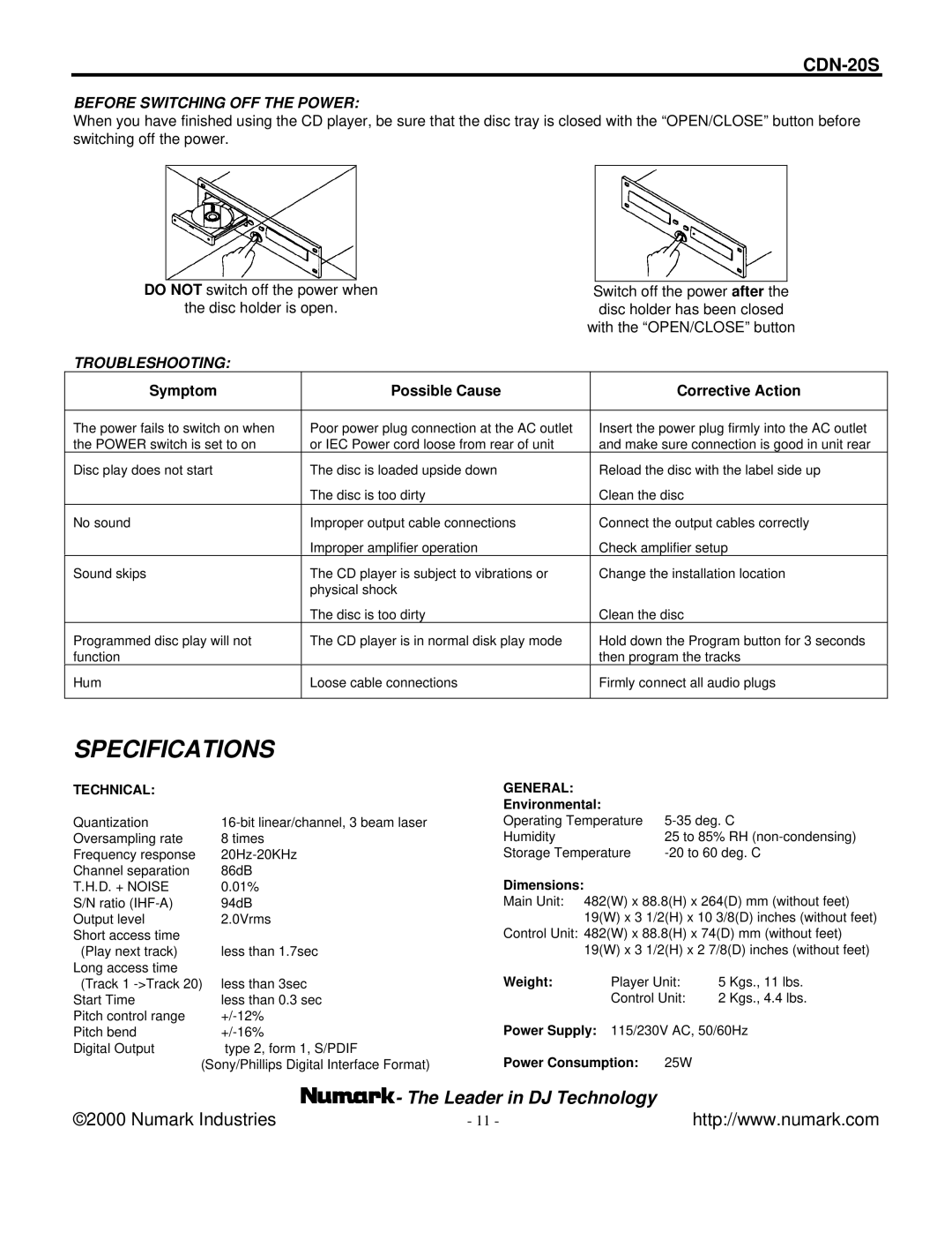 Numark Industries CDN-20S manual Before Switching OFF the Power 