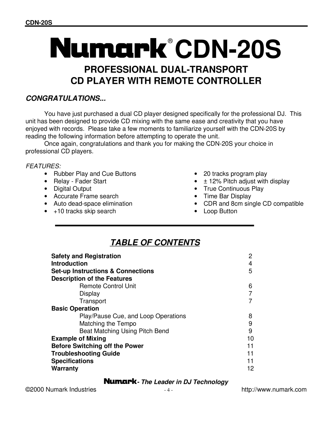 Numark Industries CDN-20S manual Table of Contents 