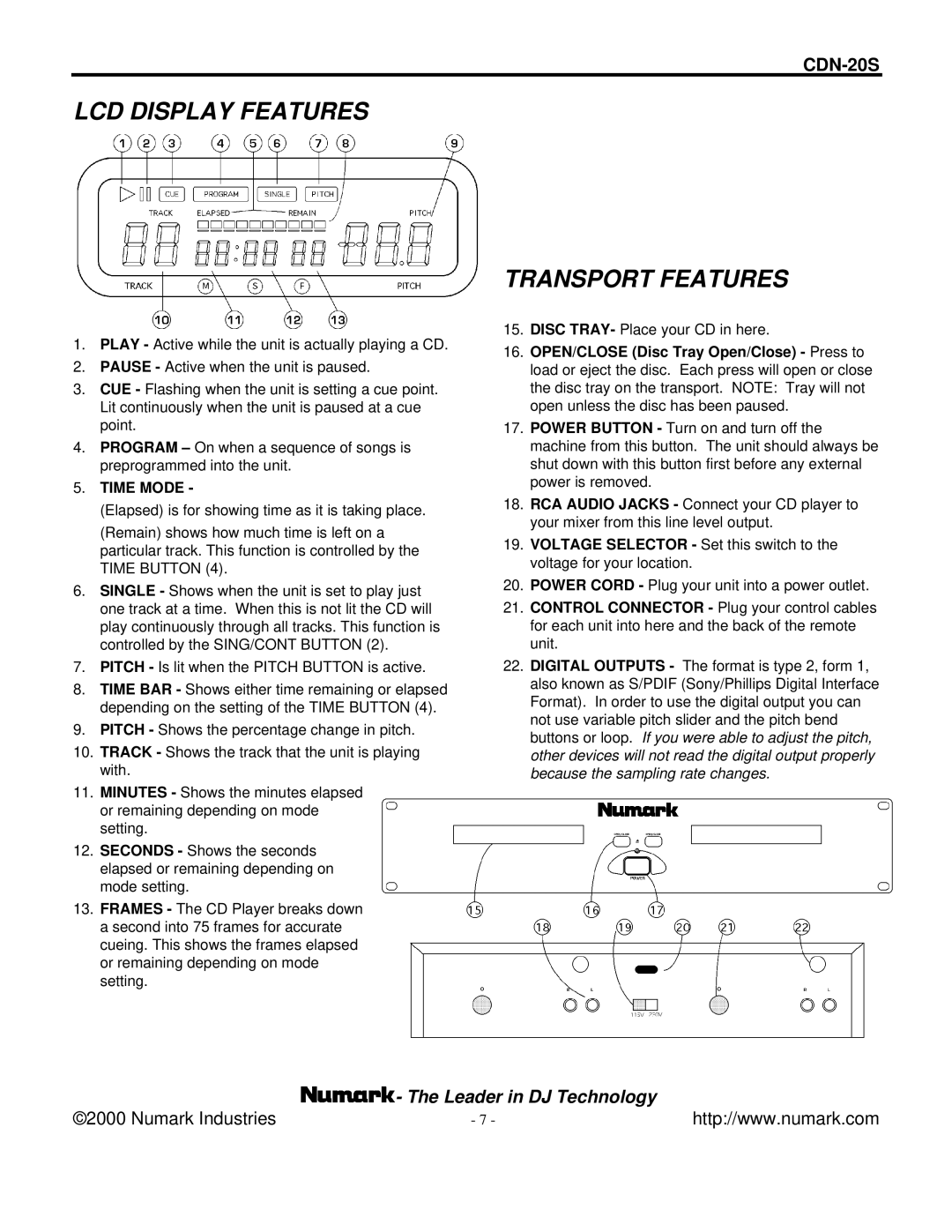 Numark Industries CDN-20S manual LCD Display Features, Transport Features 