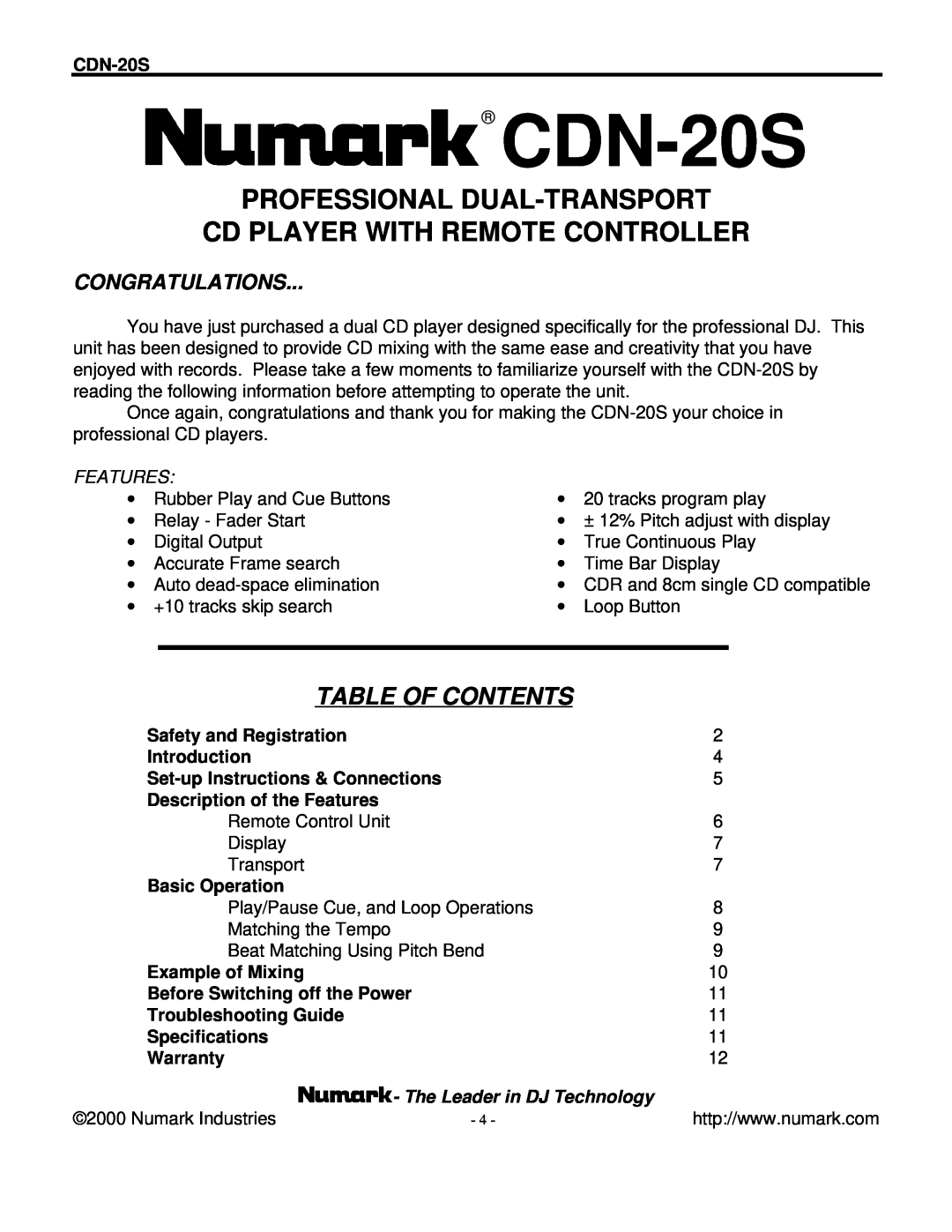 Numark Industries CDN-20S Table Of Contents, Congratulations, Professional Dual-Transport, The Leader in DJ Technology 