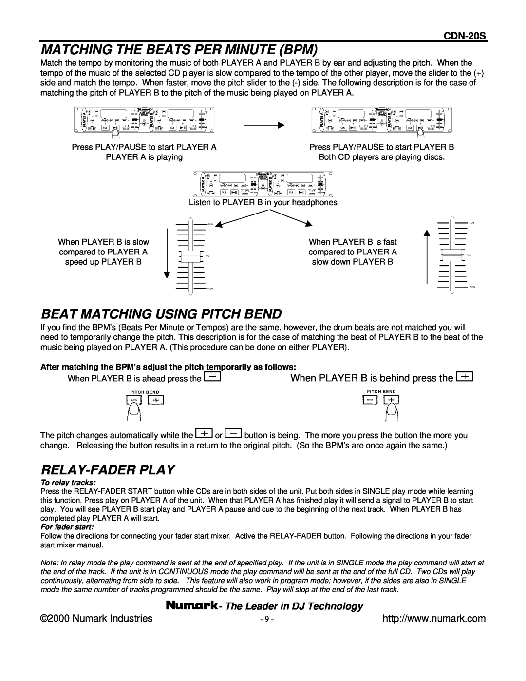 Numark Industries CDN-20S manual Matching The Beats Per Minute Bpm, Beat Matching Using Pitch Bend, Relay-Faderplay 