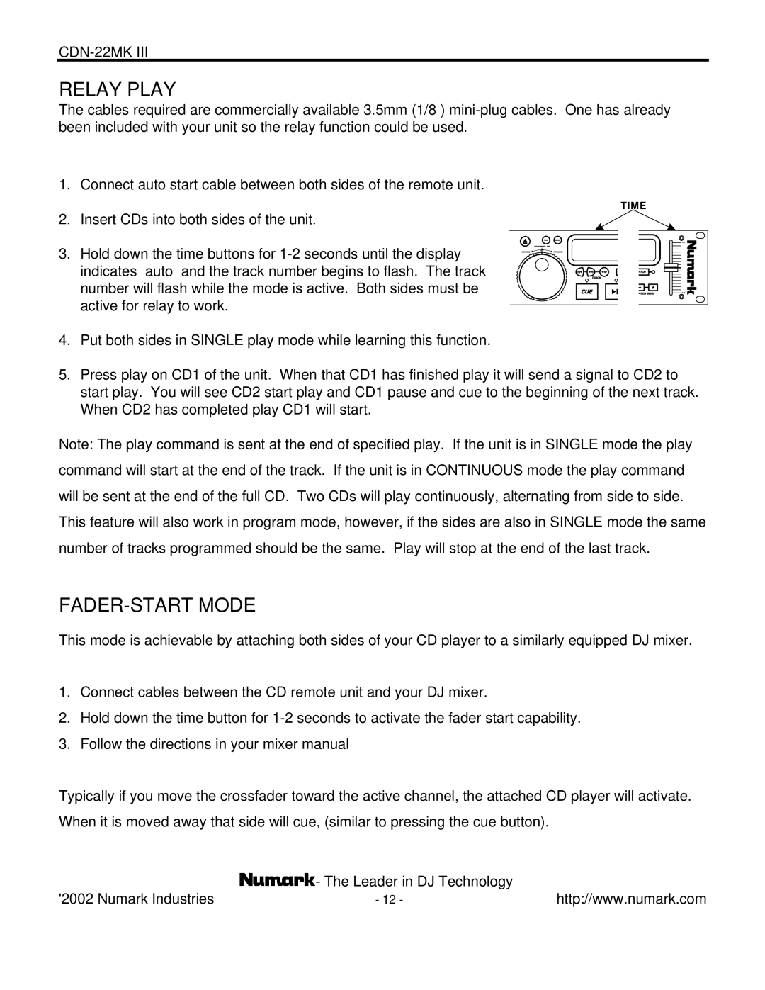 Numark Industries CDN-22MK III manual Relay Play, FADER-START Mode 