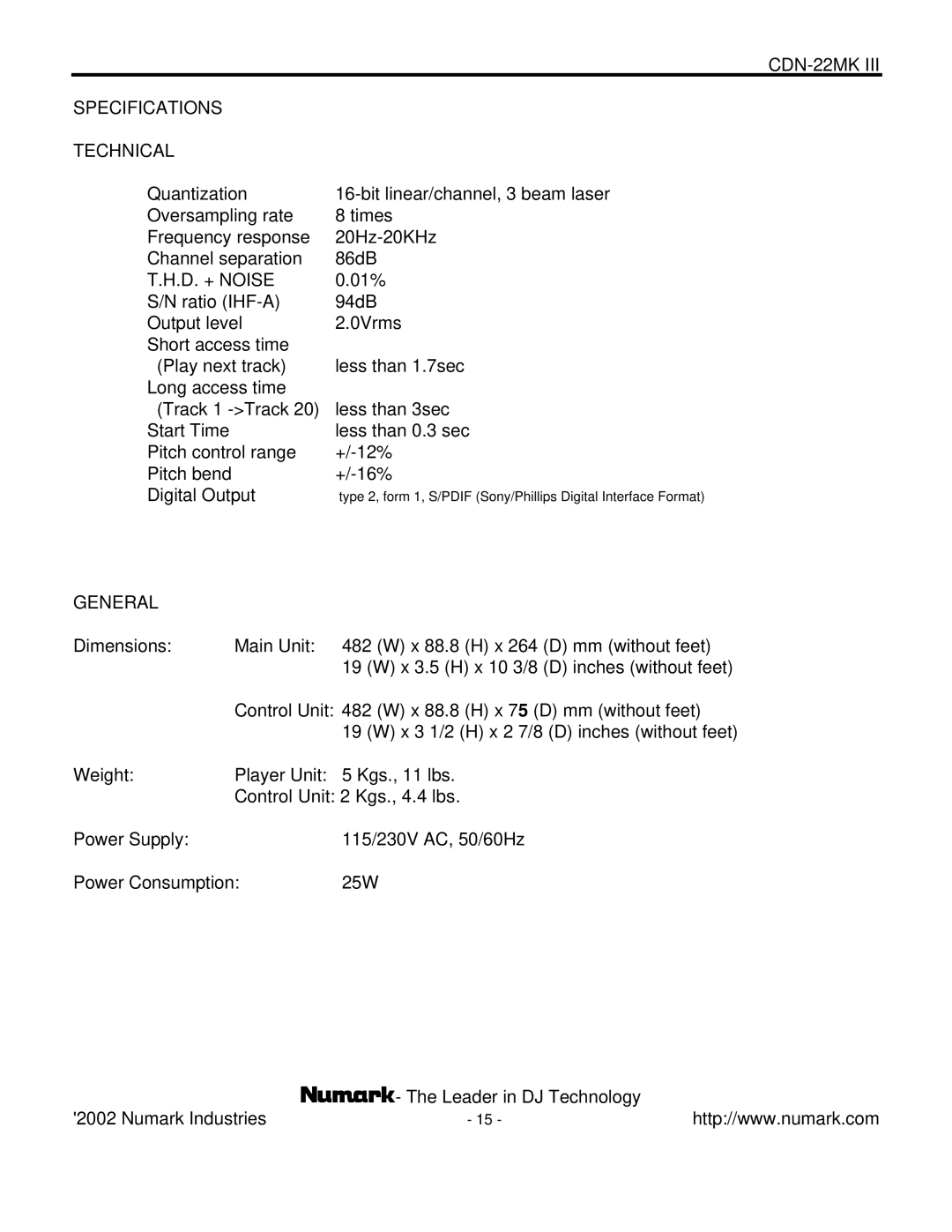 Numark Industries CDN-22MK III manual CDN-22MK Specifications Technical, General 