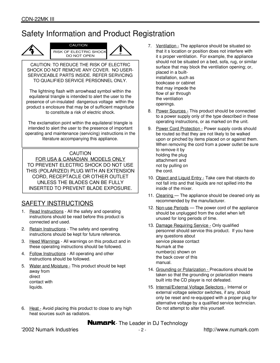 Numark Industries CDN-22MK III manual Safety Information and Product Registration 