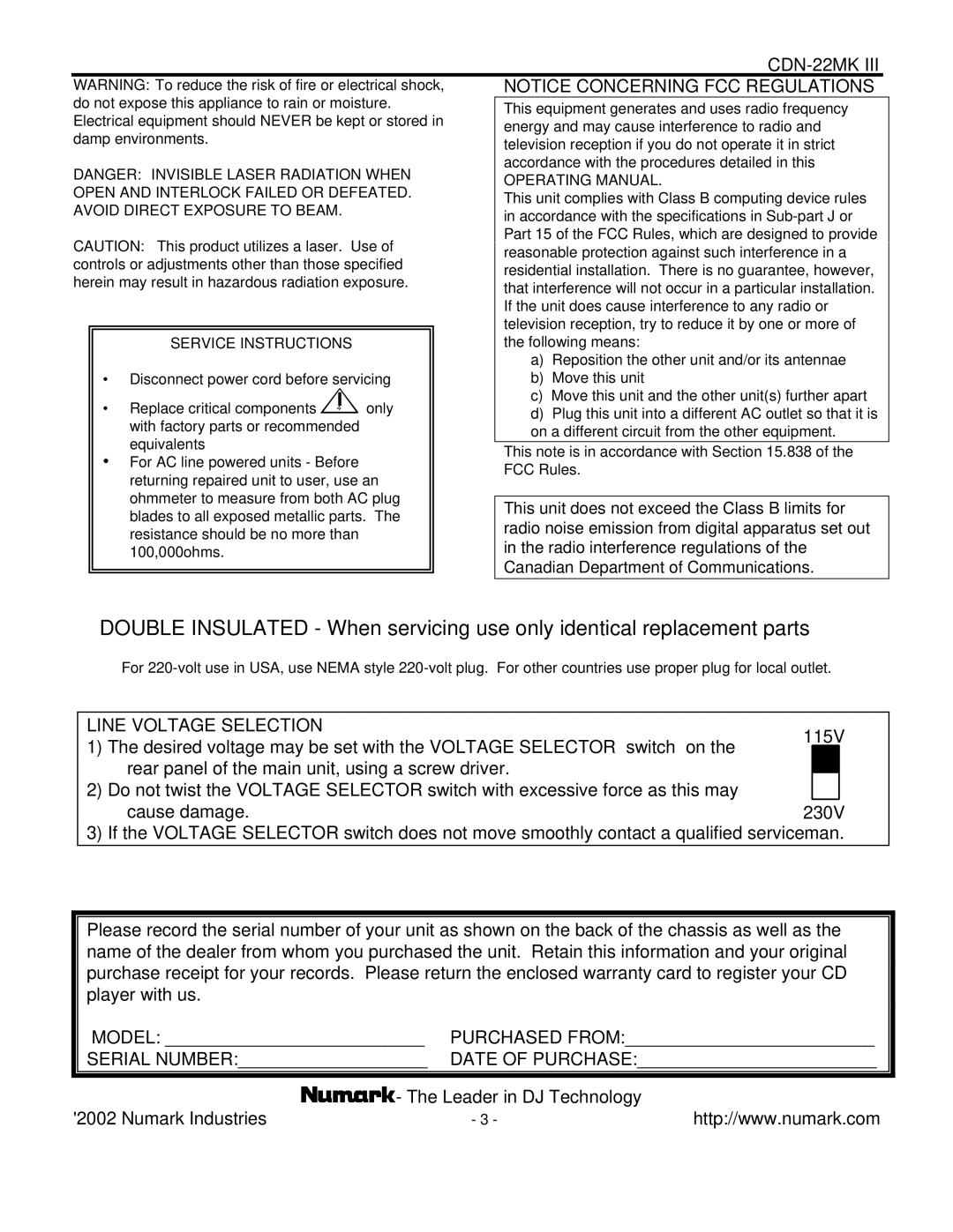 Numark Industries CDN-22MK III manual Line Voltage Selection, Service Instructions 