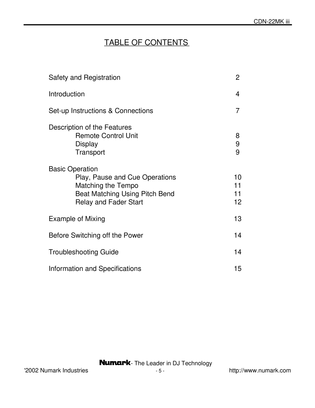 Numark Industries CDN-22MK III manual Table of Contents 